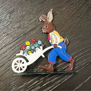 Wilhelm Schweizer vintage bunny ornament stand with wheelbarrow painted? Easter
